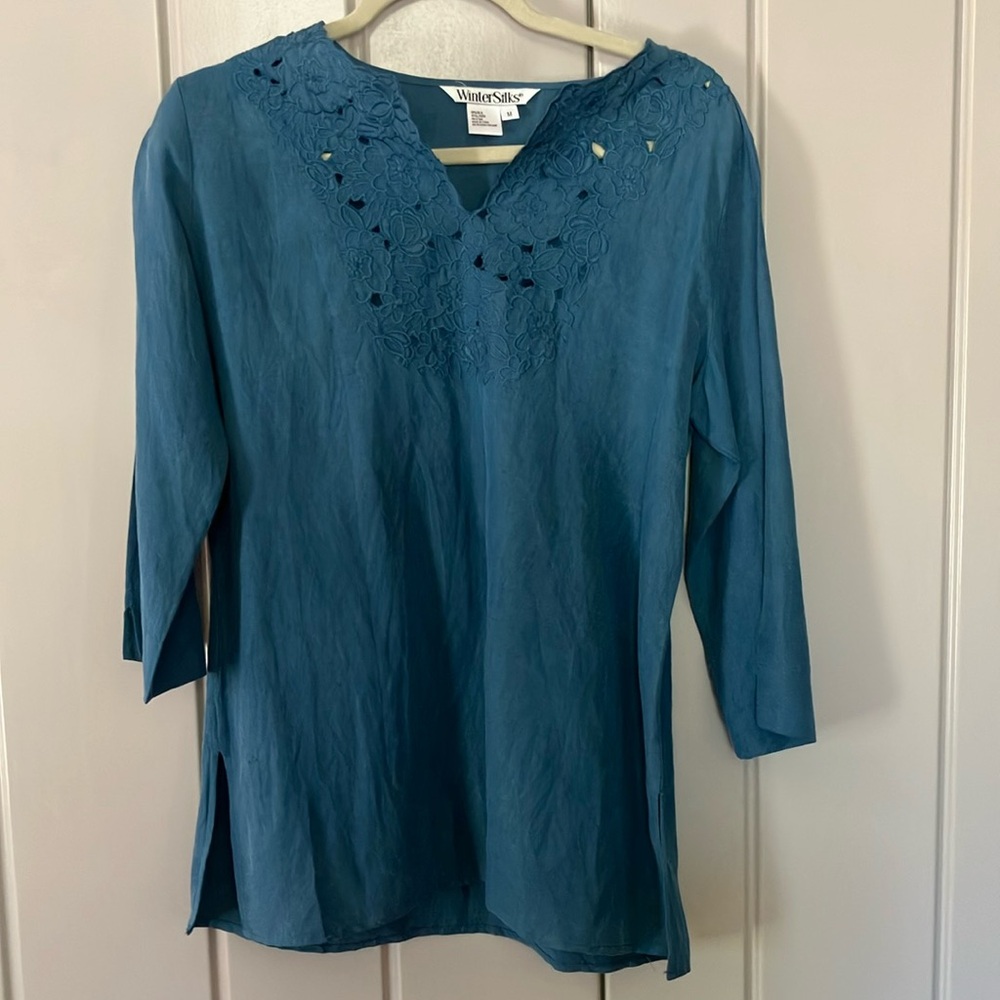 WinterSilks Blue 3/4 Sleeve Tunic with Relaxed Fit